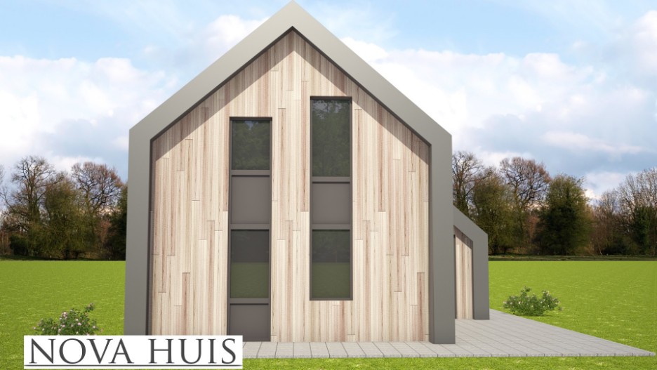 NOVA-HUIS schuurwoning type 89 moderne kap golfplaat en hout passief bouwen