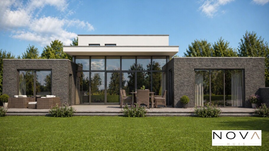 NOVAHUIS K301 moderne gelijkvloerse woning hoge ramen staalframebouw Nederland
