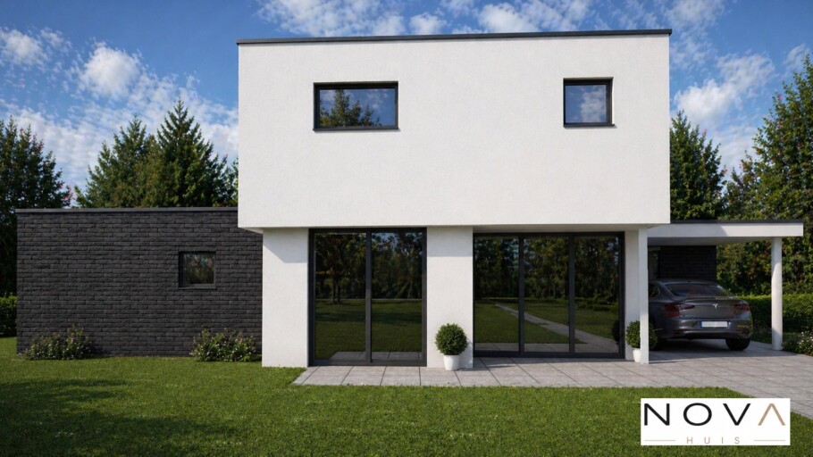 NOVAHUIS K301 moderne gelijkvloerse woning hoge ramen staalframebouw Nederland