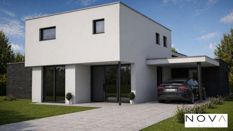 NOVAHUIS K301 moderne gelijkvloerse woning hoge ramen staalframebouw Nederland