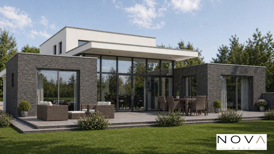 NOVAHUIS K301 moderne gelijkvloerse woning hoge ramen staalframebouw Nederland