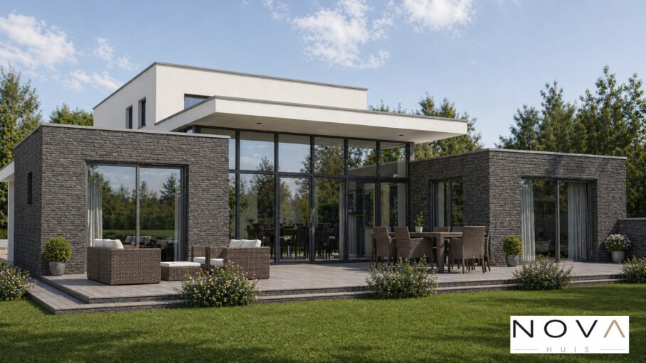 NOVAHUIS K301 moderne gelijkvloerse woning hoge ramen staalframebouw Nederland