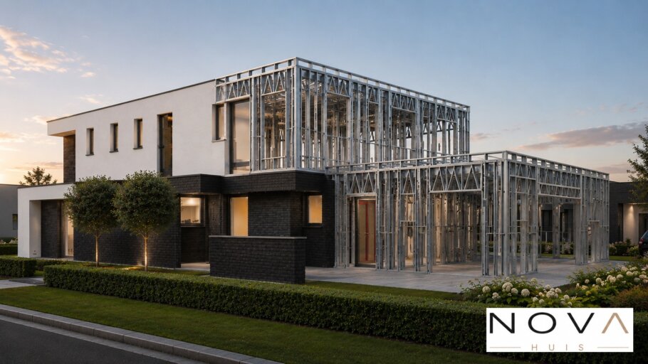 hier ziet u hoe een staalframebouw constructie in kubistische woning wordt verwerkt