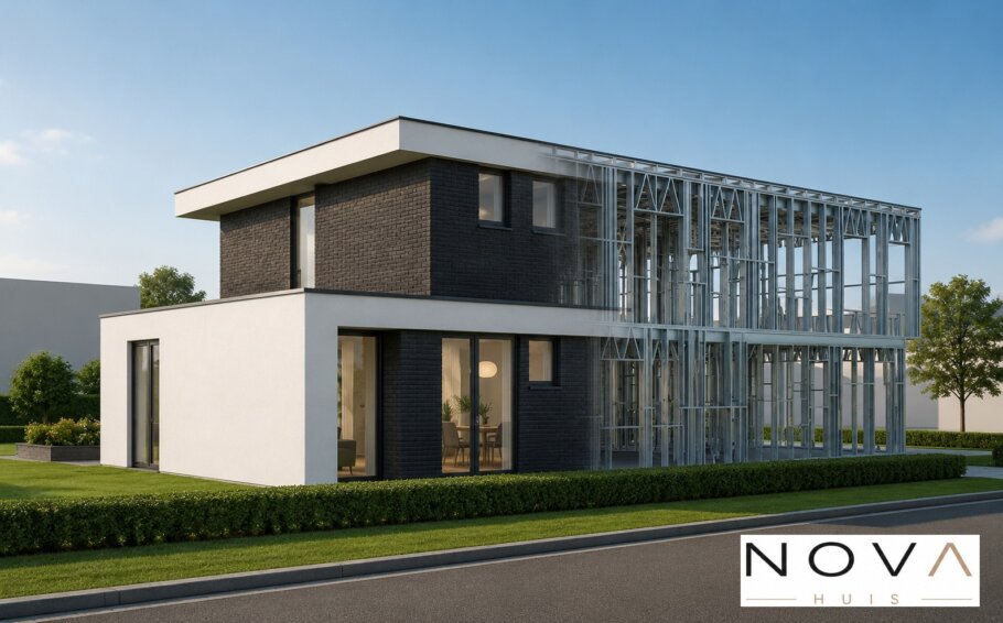 hier ziet u hoe een staalframebouw constructie in kubistische woning wordt verwerkt