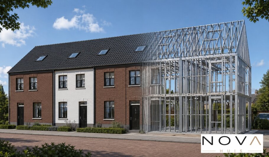 hier ziet u hoe een staalframebouw constructie in kubistische woning wordt verwerkt