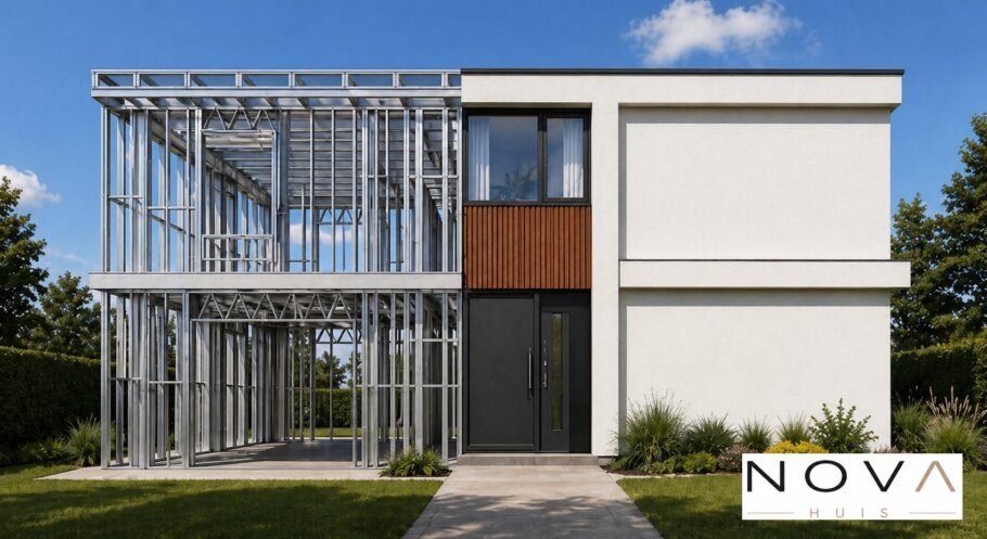 hier ziet u hoe een staalframebouw constructie in kubistische woning wordt verwerkt