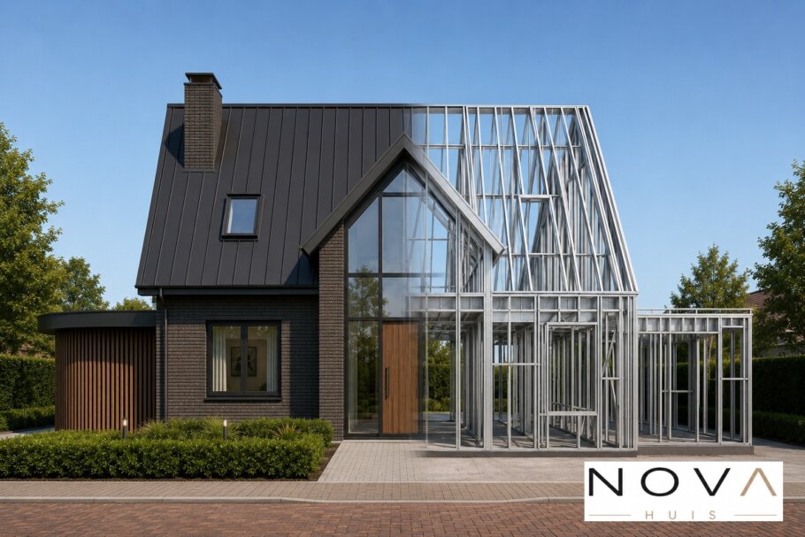 hier ziet u hoe een staalframebouw constructie in kubistische woning wordt verwerkt