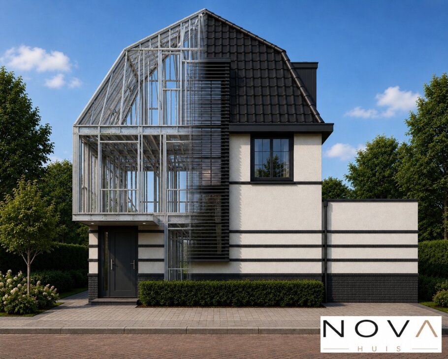 hier ziet u hoe een staalframebouw constructie in kubistische woning wordt verwerkt