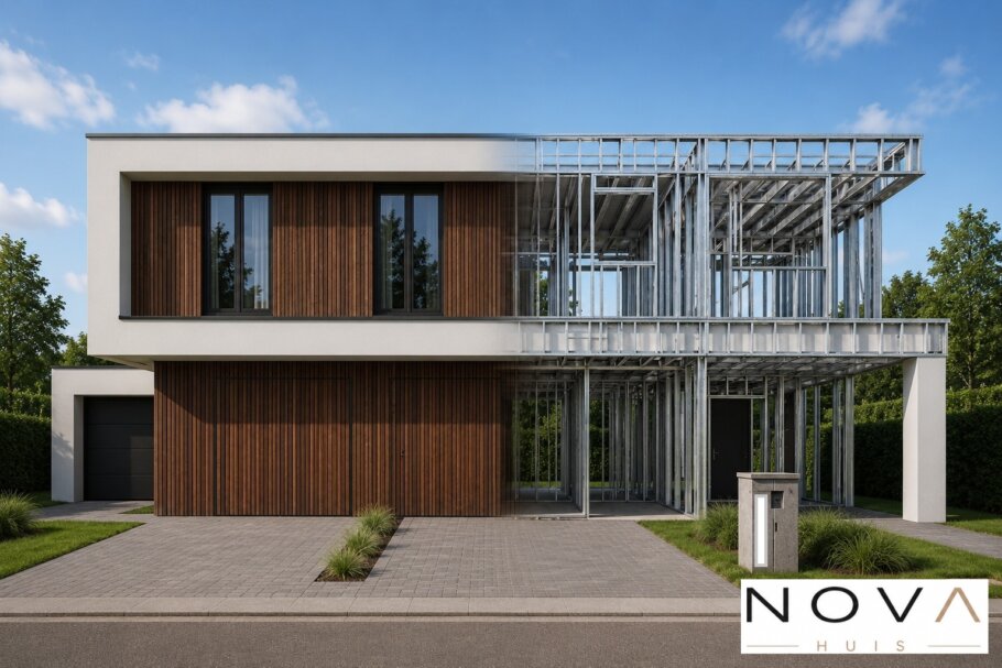 hier ziet u hoe een staalframebouw constructie in kubistische woning wordt verwerkt