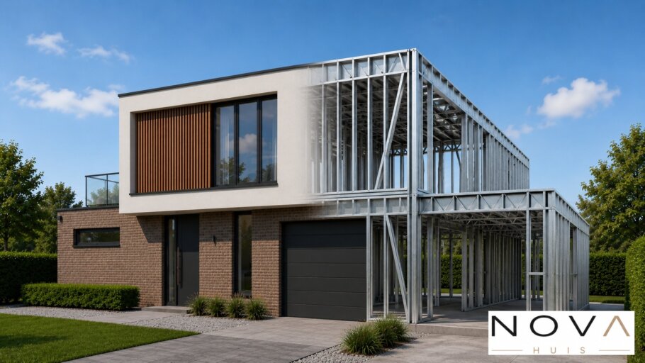 hier ziet u hoe een staalframebouw constructie in kubistische woning wordt verwerkt