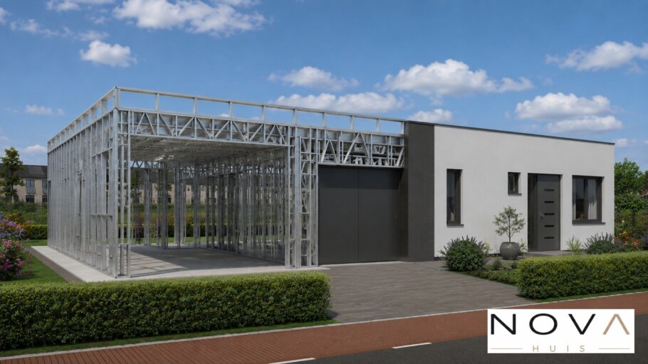 hier ziet u hoe een staalframebouw constructie in kubistische woning wordt verwerkt