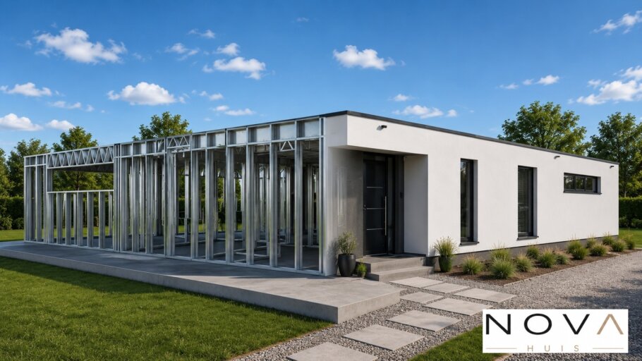 hier ziet u hoe een staalframebouw constructie in kubistische woning wordt verwerkt
