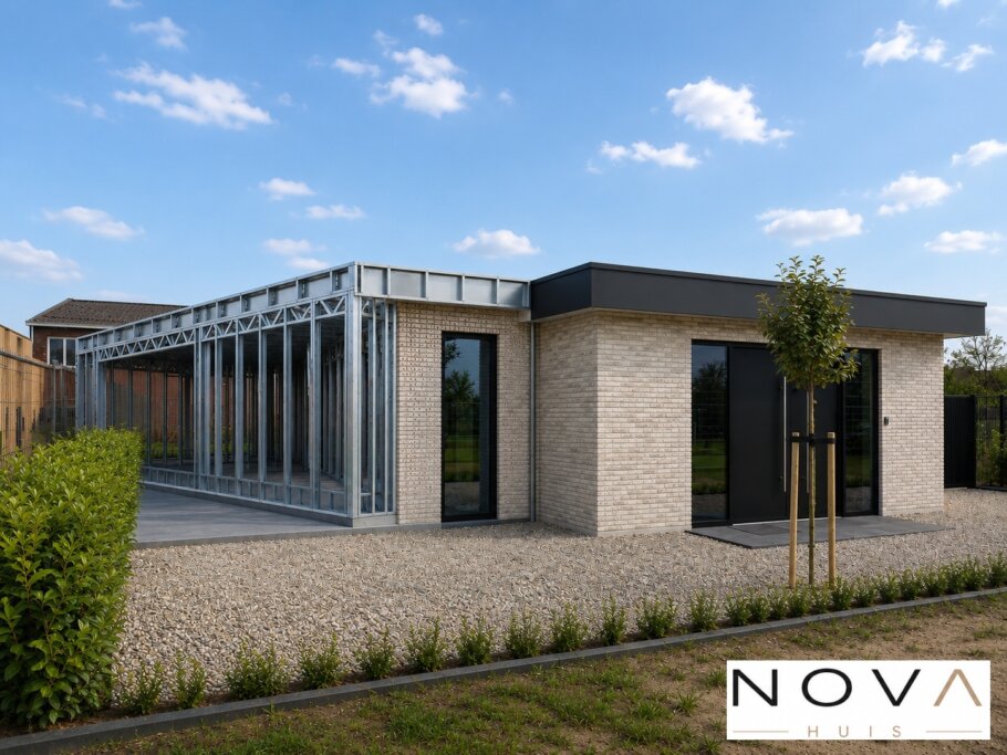 hier ziet u hoe een staalframebouw constructie in kubistische woning wordt verwerkt