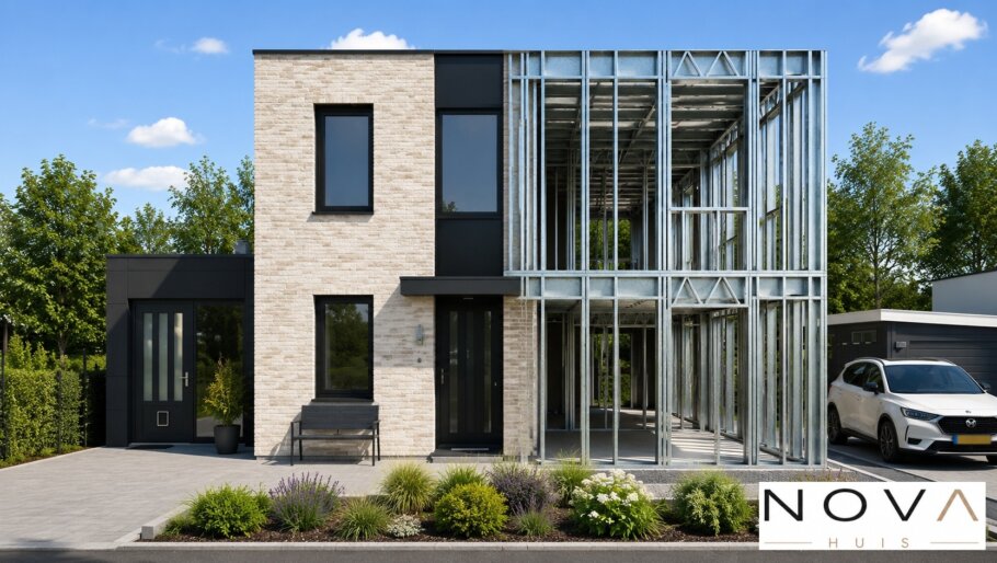 hier ziet u hoe een staalframebouw constructie in kubistische woning wordt verwerkt