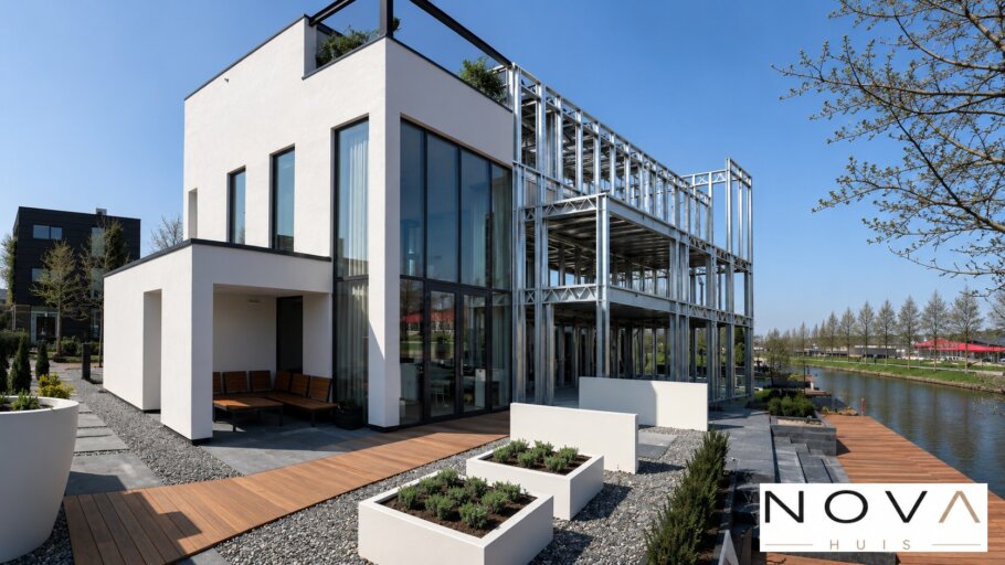 hier ziet u hoe een staalframebouw constructie in kubistische woning wordt verwerkt