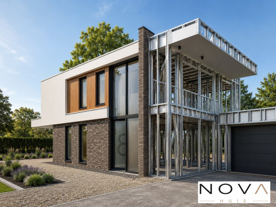hier ziet u hoe een staalframebouw constructie in kubistische woning wordt verwerkt