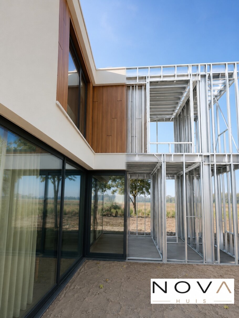 hier ziet u hoe een staalframebouw constructie in kubistische woning wordt verwerkt