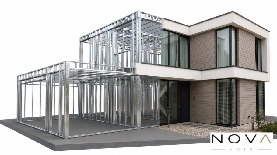 hier ziet u hoe een staalframebouw constructie in kubistische woning wordt verwerkt