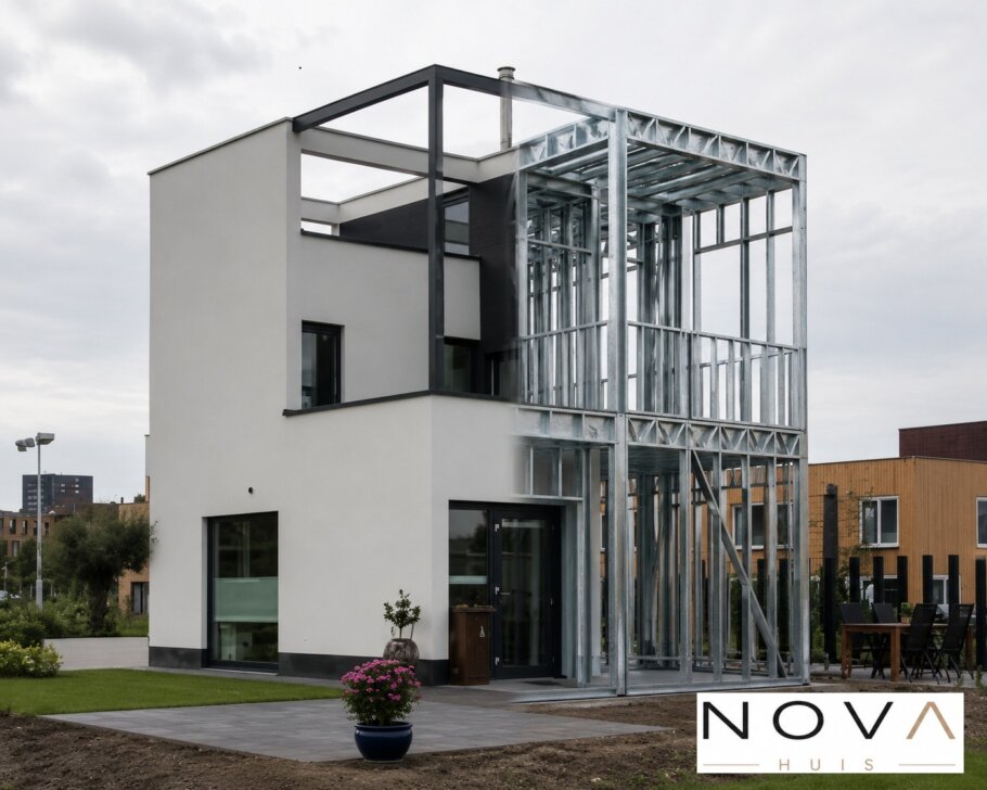 hier ziet u hoe een staalframebouw constructie in kubistische woning wordt verwerkt