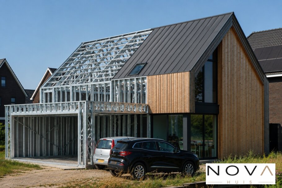 hier ziet u hoe een staalframebouw constructie in kubistische woning wordt verwerkt