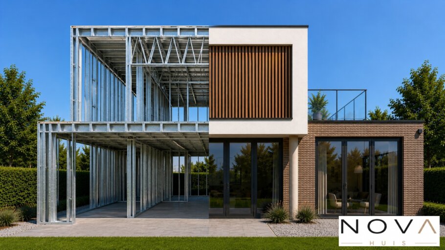 hier ziet u hoe een staalframebouw constructie in kubistische woning wordt verwerkt