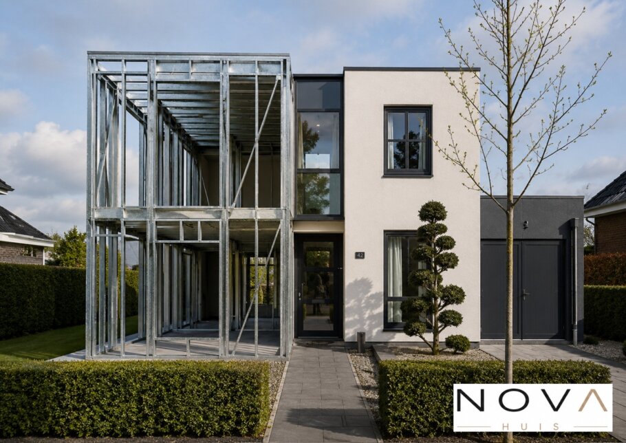 hier ziet u hoe een staalframebouw constructie in kubistische woning wordt verwerkt