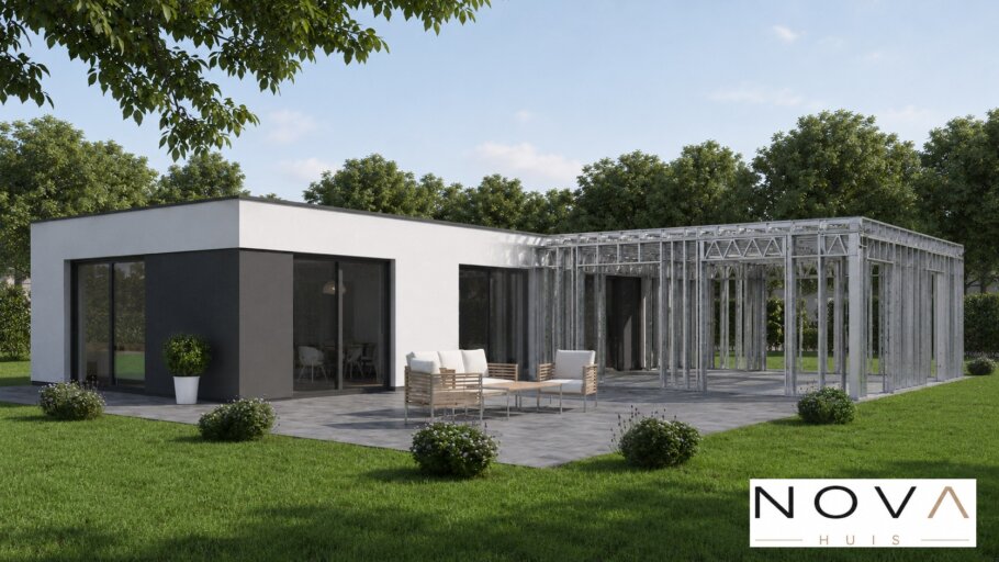 hier ziet u hoe een staalframebouw constructie in kubistische woning wordt verwerkt