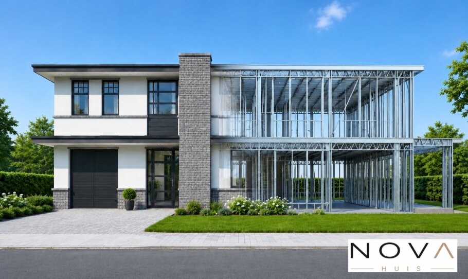 hier ziet u hoe een staalframebouw constructie in kubistische woning wordt verwerkt