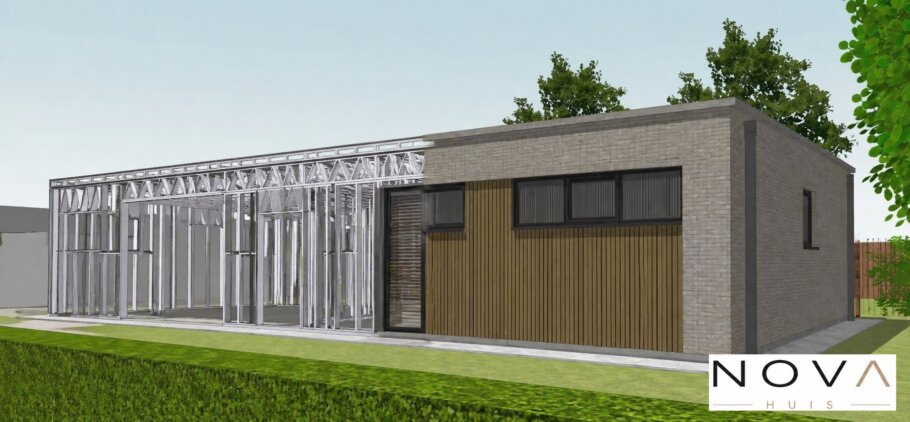 hier ziet u hoe een staalframebouw constructie in kubistische woning wordt verwerkt