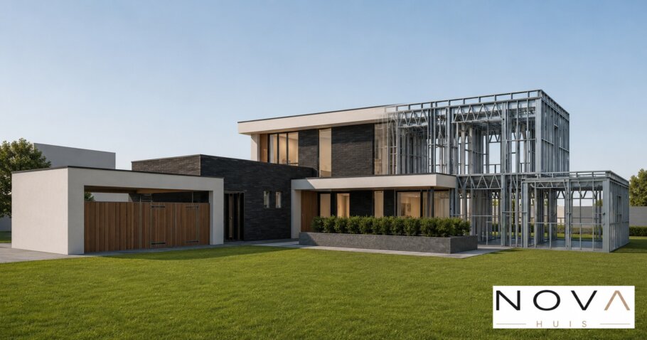 hier ziet u hoe een staalframebouw constructie in kubistische woning wordt verwerkt