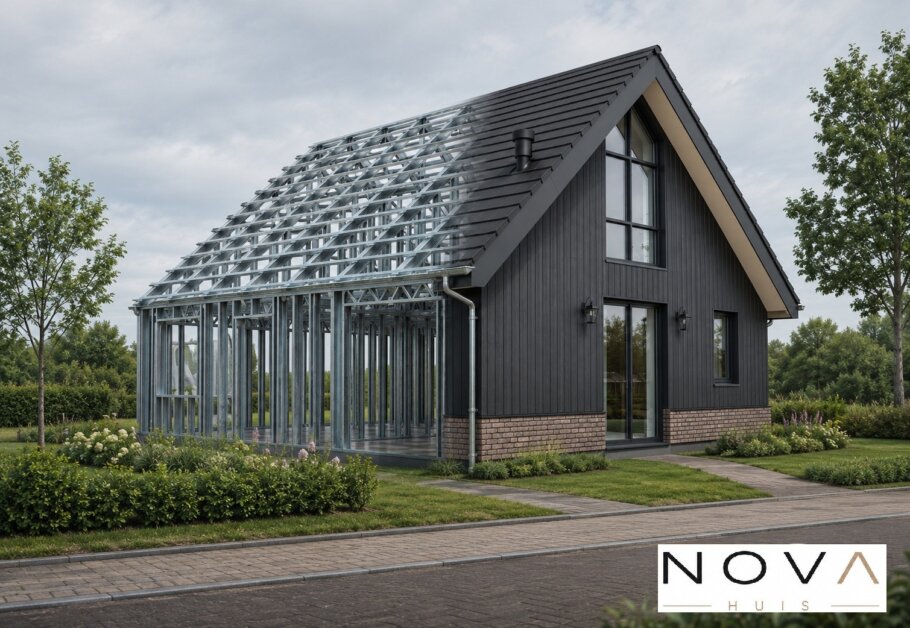 hier ziet u hoe een staalframebouw constructie in kubistische woning wordt verwerkt