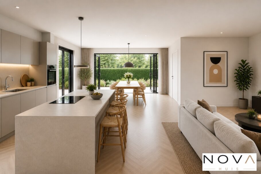 Modern interieur van een moderne woning met open keuken, lichte woonkamer, kookeiland en grote raampartijen