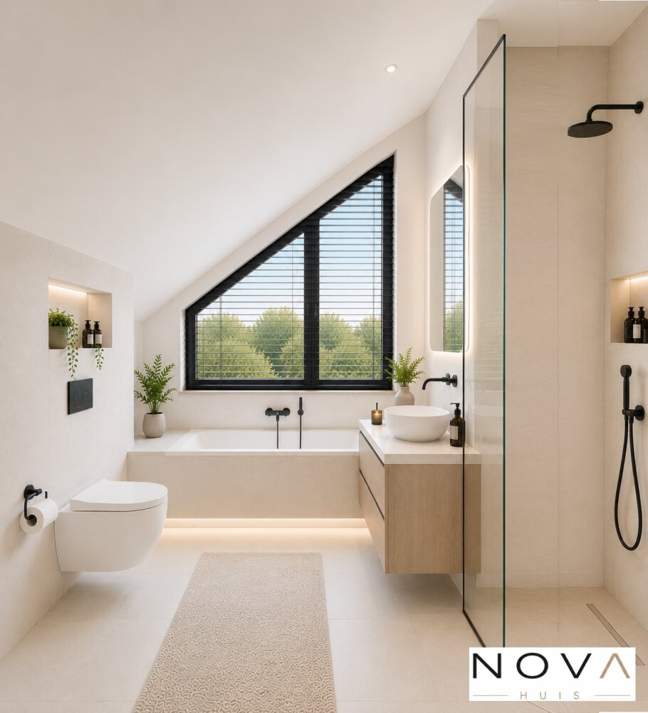 Modern interieur van een moderne woning met open keuken, lichte woonkamer, kookeiland en grote raampartijen