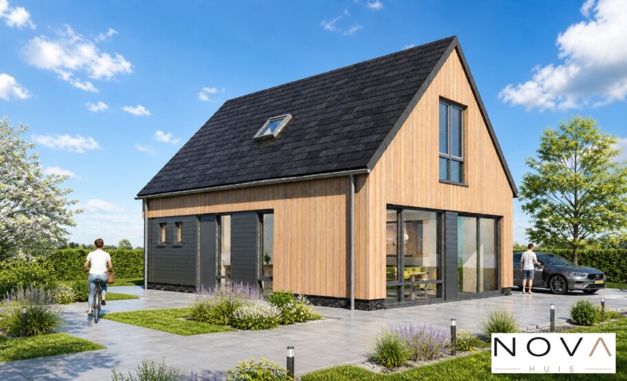 Moderne betaalbare schuurwoning met houten gevelbekleding en zwarte kozijnen ontworpen en ontworpen en gebouwd door NOVA-HUIS