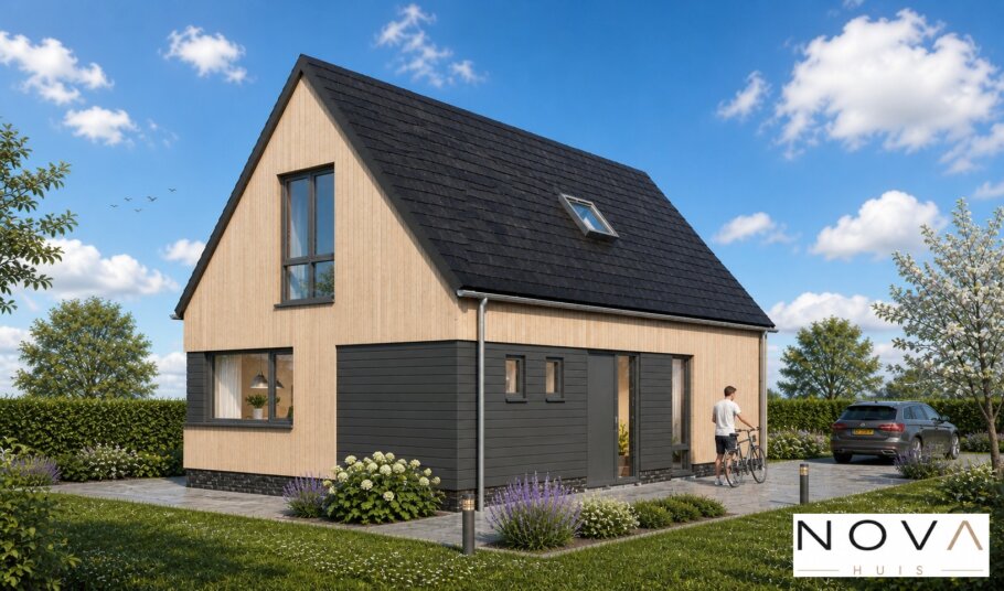 Moderne betaalbare schuurwoning met houten gevelbekleding en zwarte kozijnen ontworpen en ontworpen en gebouwd door NOVA-HUIS