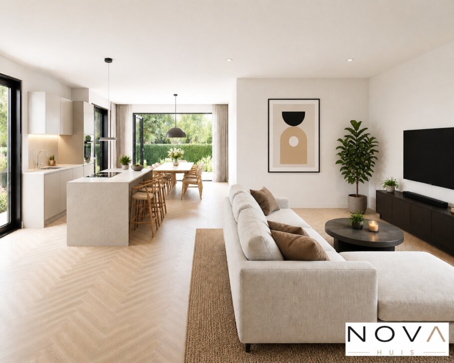 Modern interieur van een moderne woning met open keuken, lichte woonkamer, kookeiland en grote raampartijen