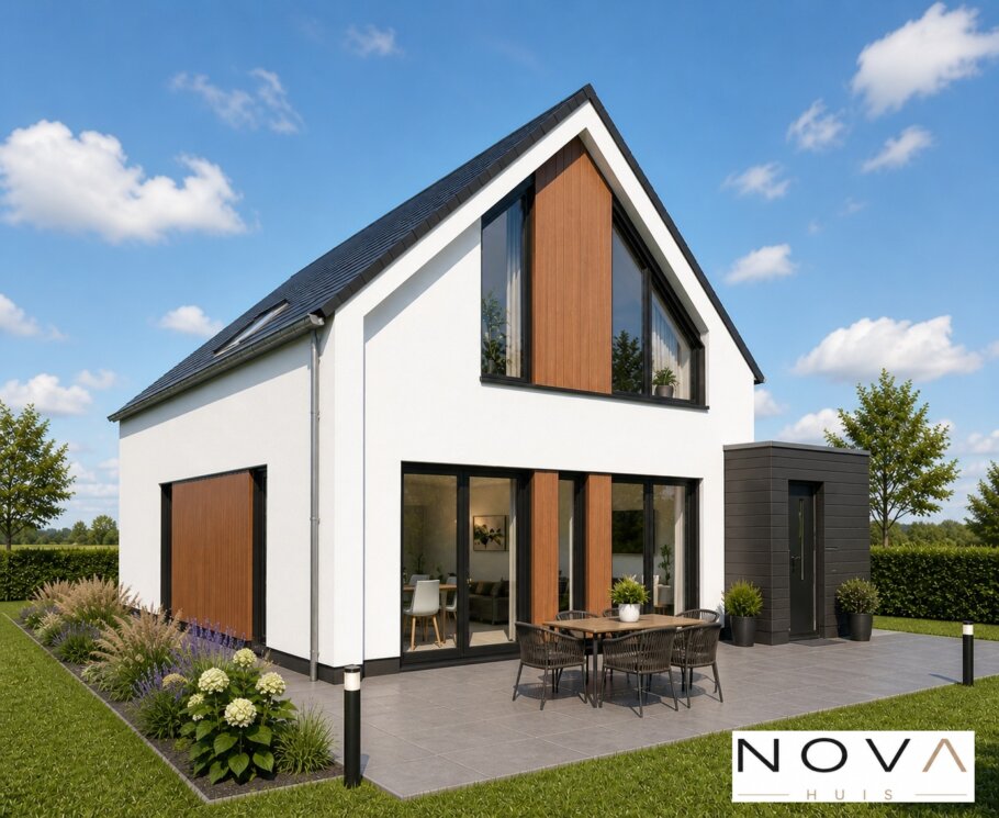 Moderne vrijstaande woning met hoge glazen gevel, houten accenten en strak zwart-wit design ontworpen door NOVA Huis