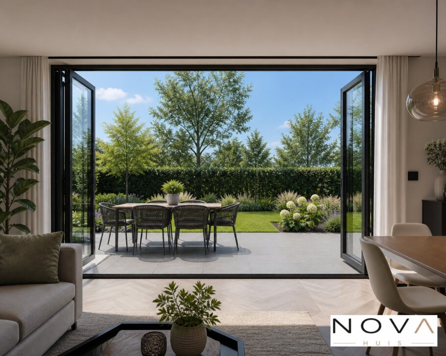 Modern interieur van een moderne woning met open keuken, lichte woonkamer, kookeiland en grote raampartijen