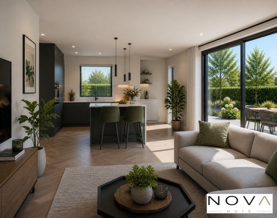 Modern interieur van een moderne woning met open keuken, lichte woonkamer, kookeiland en grote raampartijen