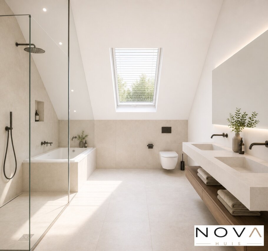 Modern interieur van een moderne woning met open keuken, lichte woonkamer, kookeiland en grote raampartijen