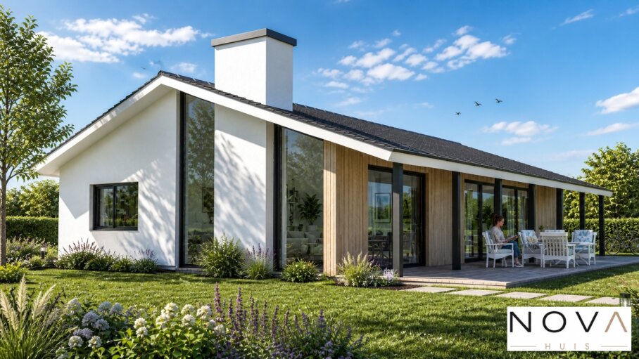 foto van een bungalow met lage kap met witte en houtkleurige gevelafwerking
