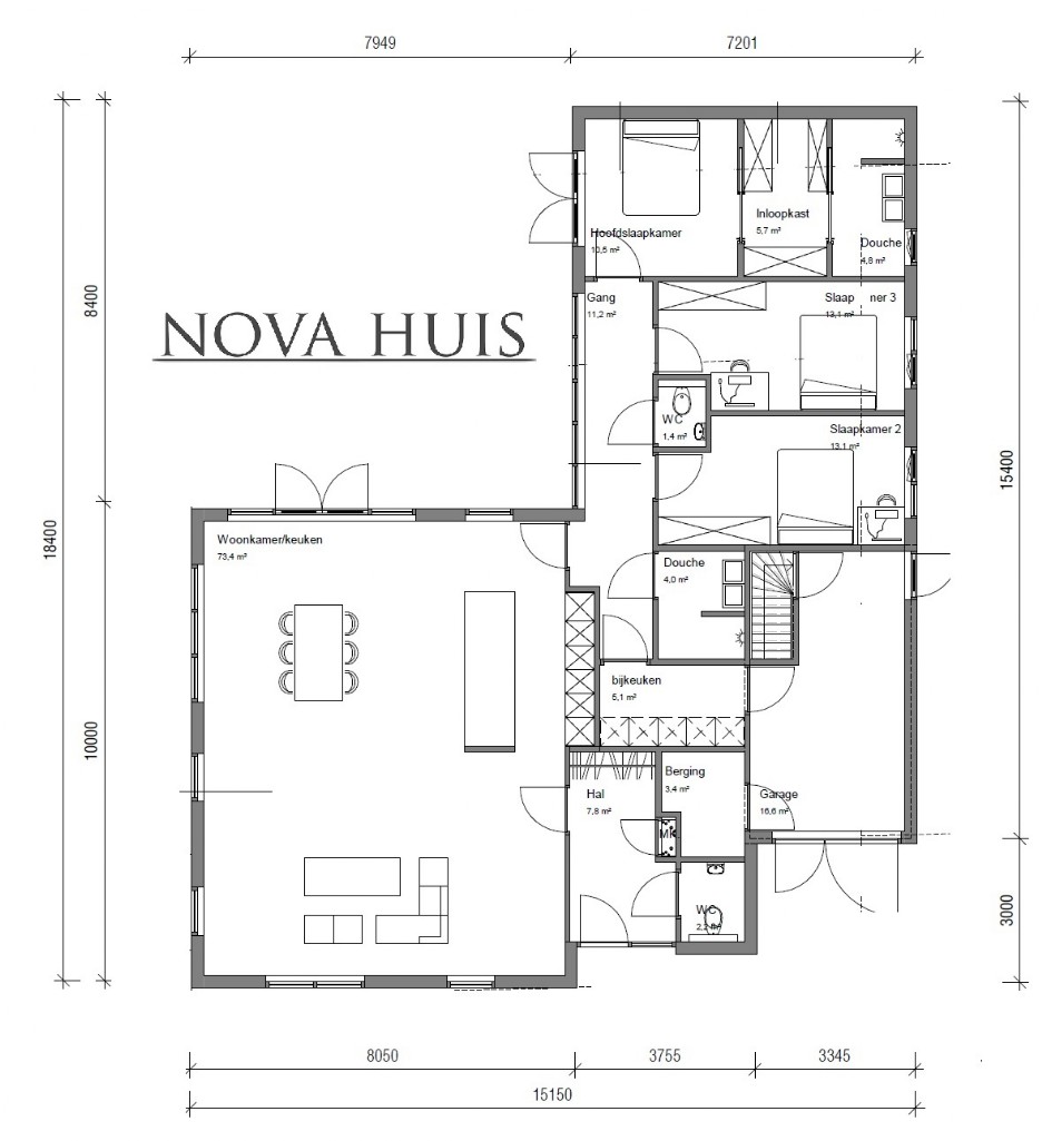 NOVAHUIS A120 levenloopbestendige bungalow beneden slapen plattegrond indeling energieneutraal 