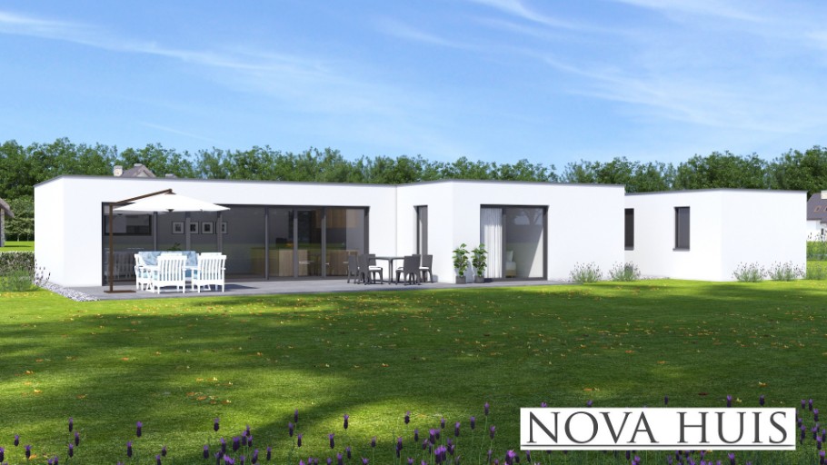 NOVAHUIS A162 duurzame bouw in staalframe  gelijkvloerse bungalow met plat dak