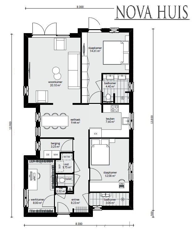 NOVAHUIS A62 goedkope levensloopbestendige bungalow woning Staalframebouw 