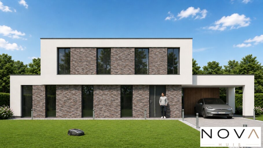 Moderne kubistische levensloopbestendige woning met gevelstuuk en natuursteen, gebouwd in staalframebouw met warmtepomp, zonnepanelen en grote glaspartijen.