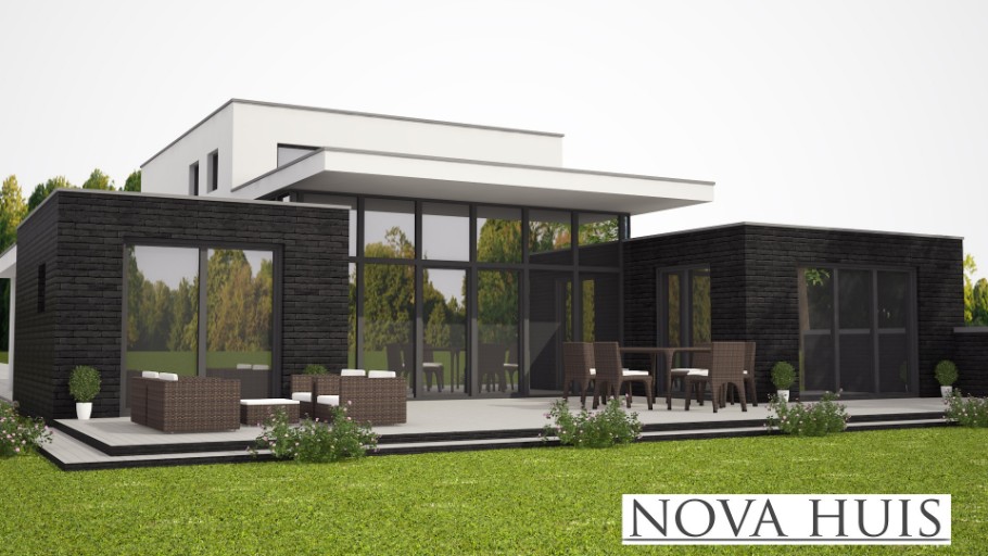 NOVAHUIS K301 moderne gelijkvloerse woning hoge ramen staalframebouw Nederland