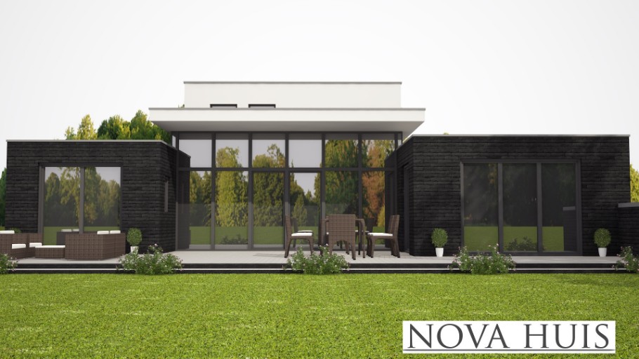 NOVAHUIS K301 moderne gelijkvloerse woning hoge ramen staalframebouw Nederland