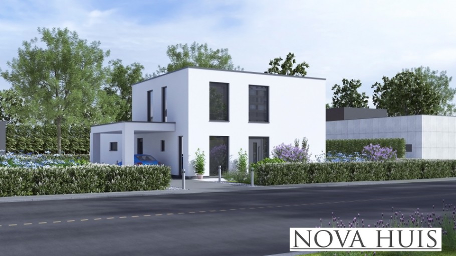 NOVAHUIS K389 staalframebouw Nederlandlevensloopbestendige woning met overdekt terras 