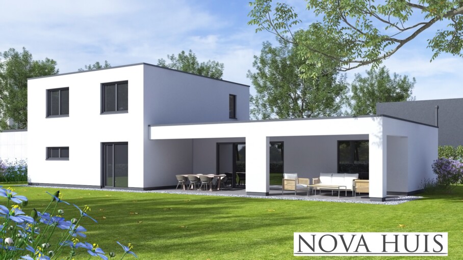 NOVAHUIS K389 staalframebouw Nederlandlevensloopbestendige woning met overdekt terras 