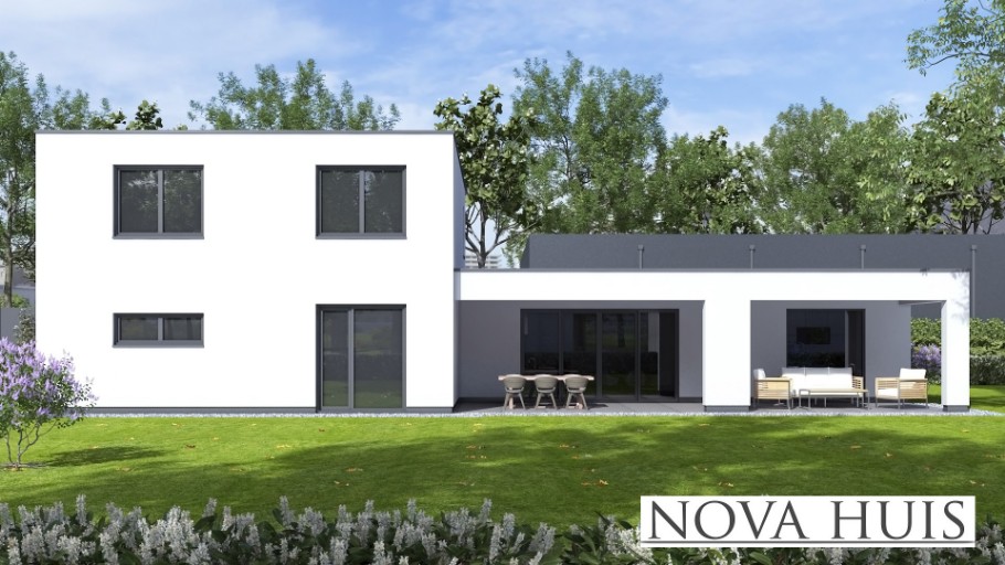 NOVAHUIS K389 staalframebouw Nederlandlevensloopbestendige woning met overdekt terras 